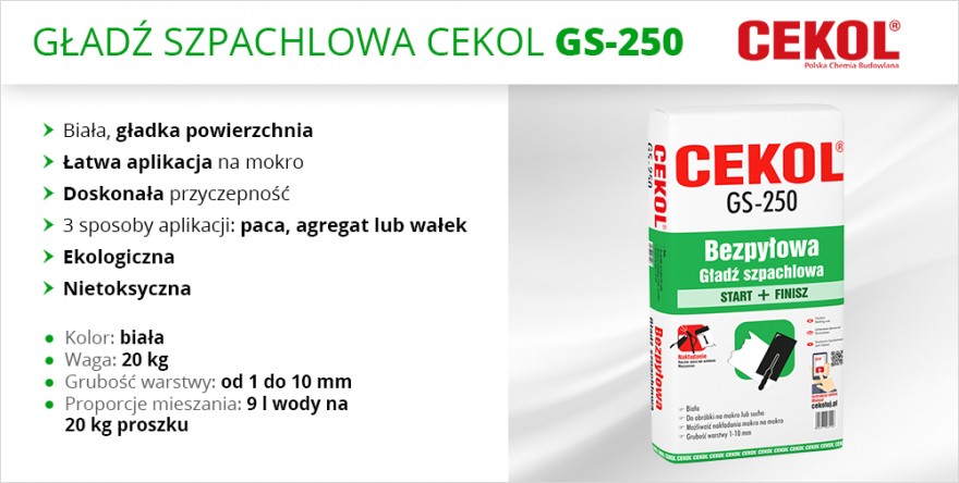 Bezpyłowa gładź szpachlowa CEKOL GS-250